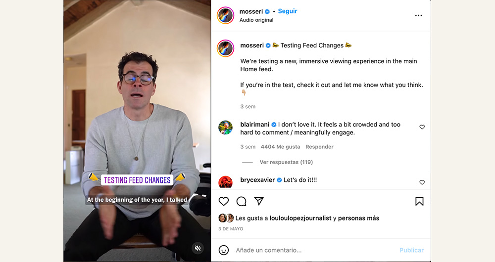 Comunicado Mosseri nueva actualización de Instagram
